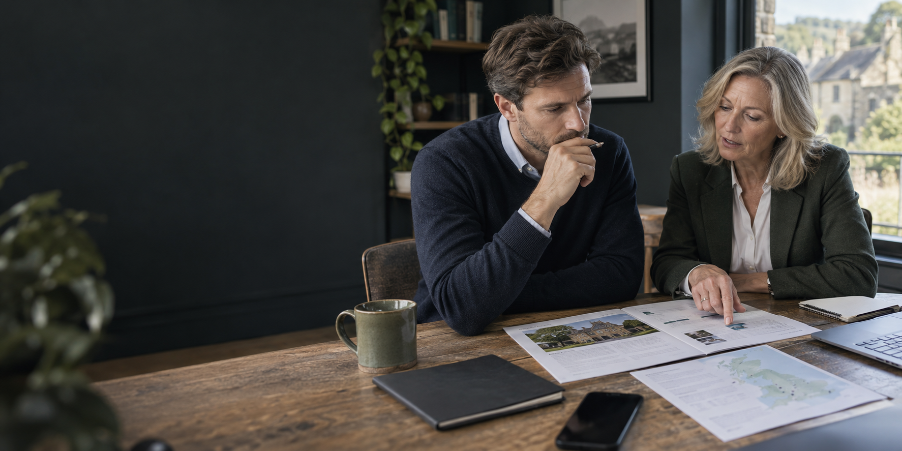 Prospective buyer reviewing a business acquisition brief with an adviser